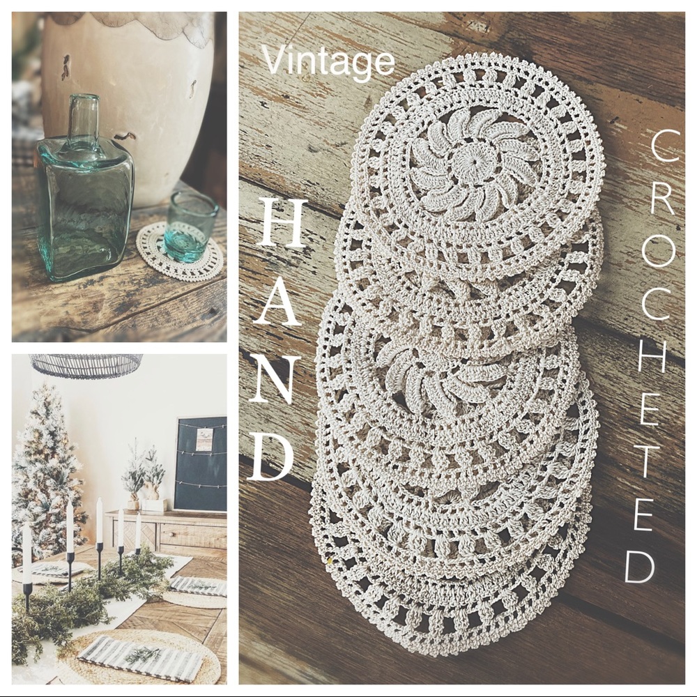 Set of 5 Vintage Hand Crocheted Coasters | Boho Ivory Table Decor